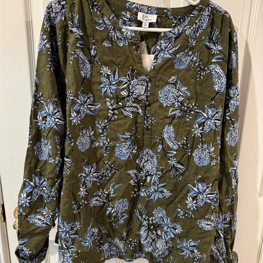 Kim Rogers Olive Green and Blue Floral Blouse